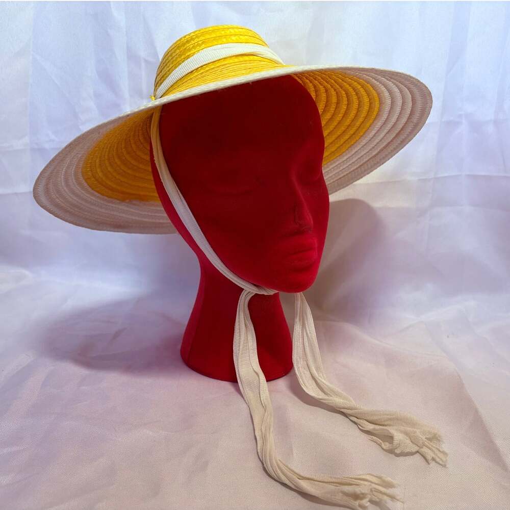 Vintage Lemon Yellow White Oversized Straw Look Sunhat Cottagecore Garden Party